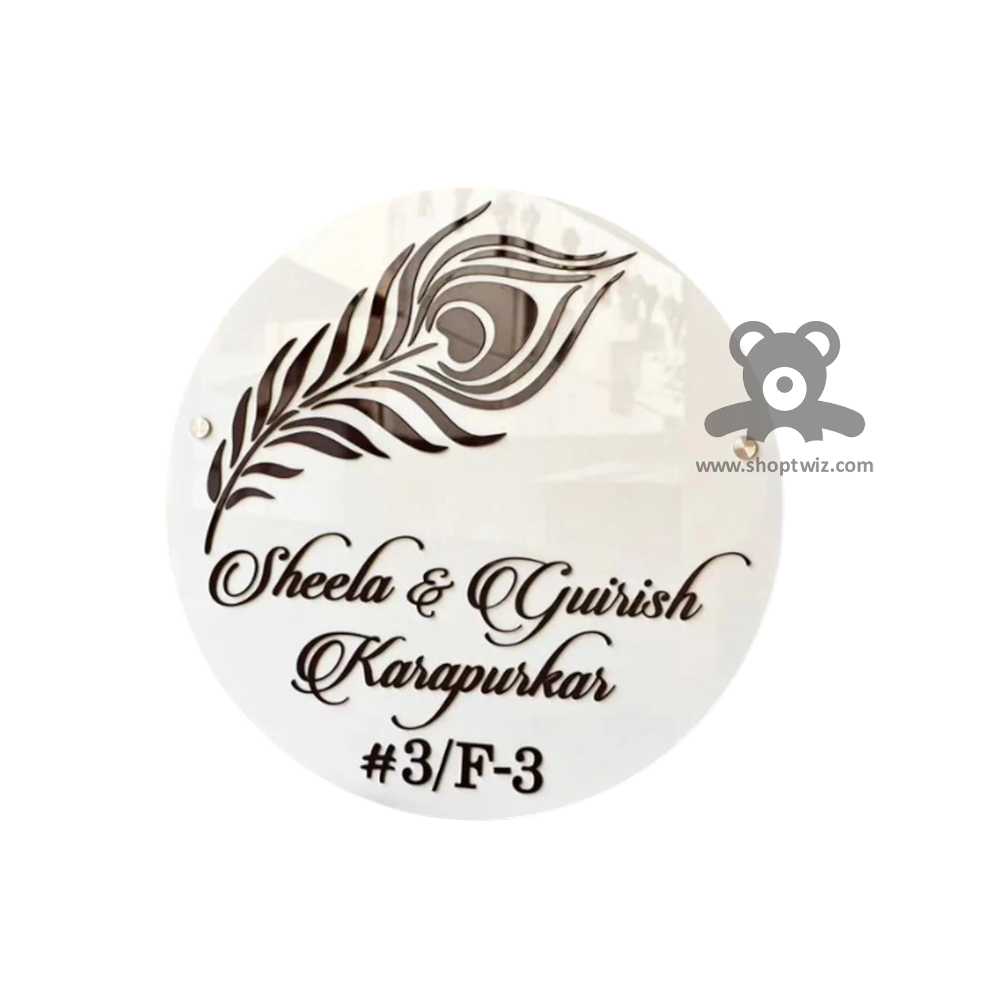 ShopTwiz Circle White Black Letter And Peacock Feather Name Plate for House and Office - Image 2