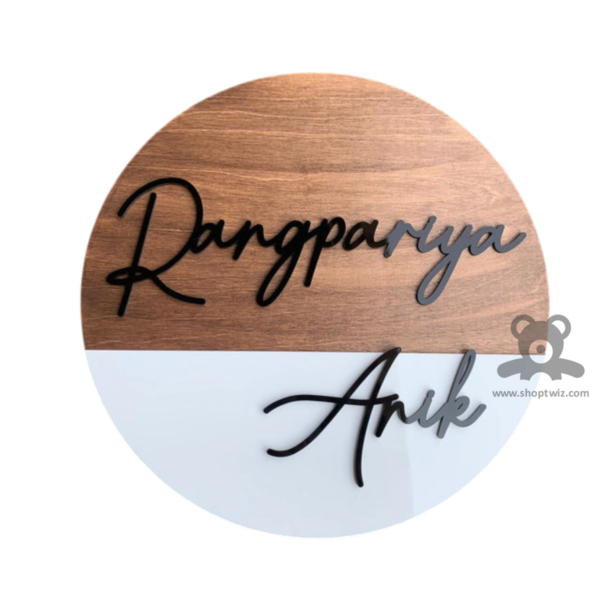 ShopTwiz Circle Wood and White Acrylic Black Letter Name Plate for House and Office - Image 2