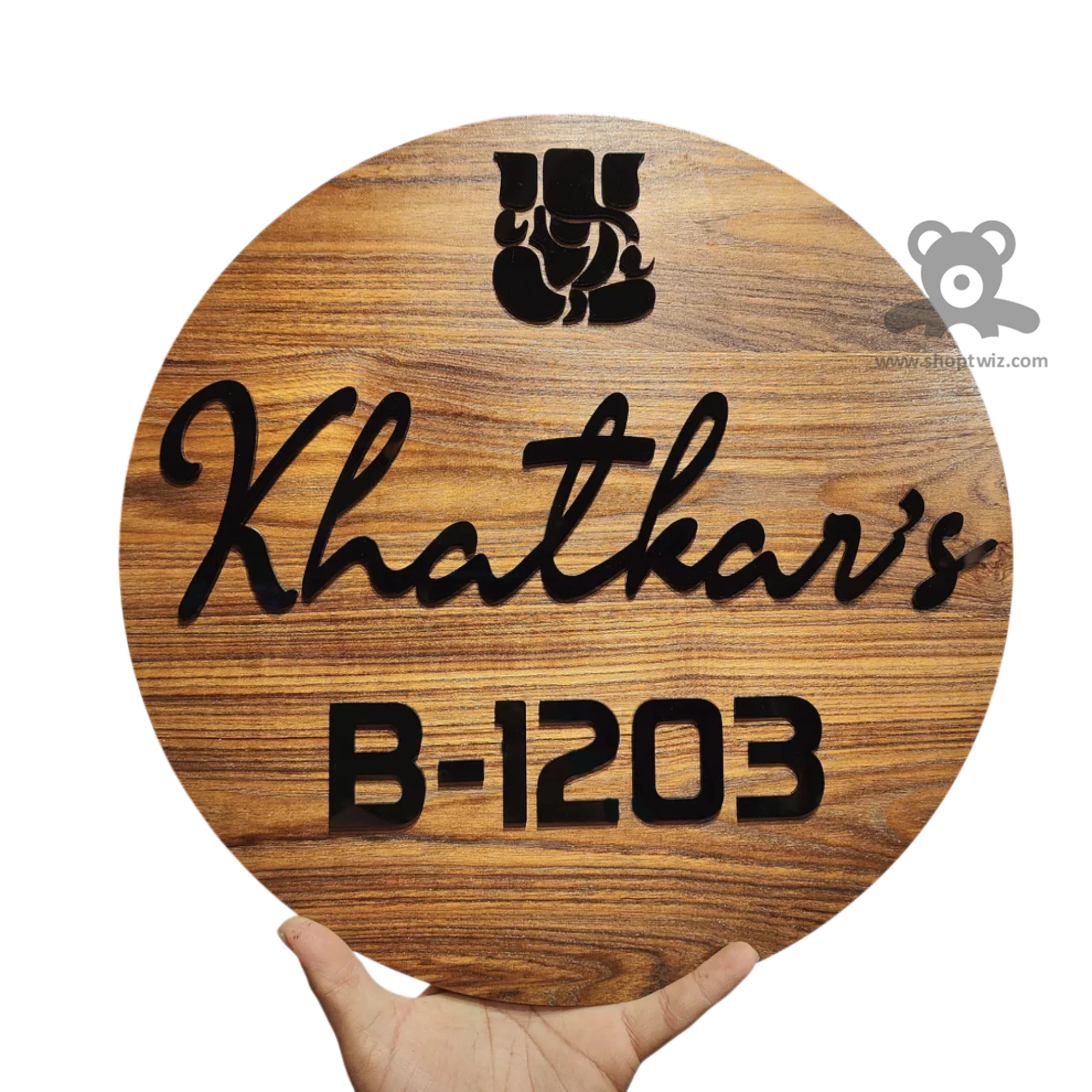 ShopTwiz Circle Wood Black Letter Ganesh Name Plate for House and Office - Image 2