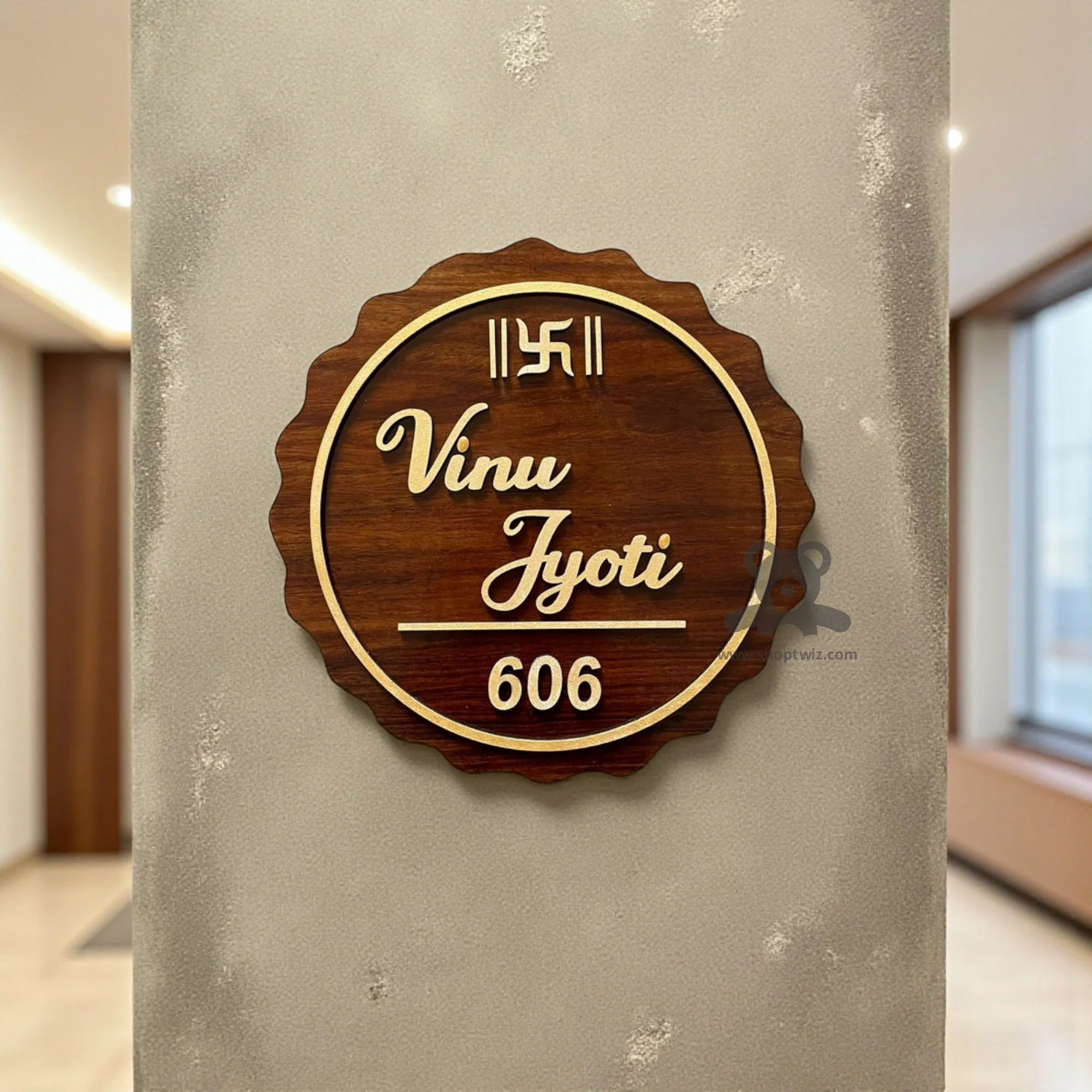 ShopTwiz Circle Wood Design Golden Letter Design Name Plate for House and Office