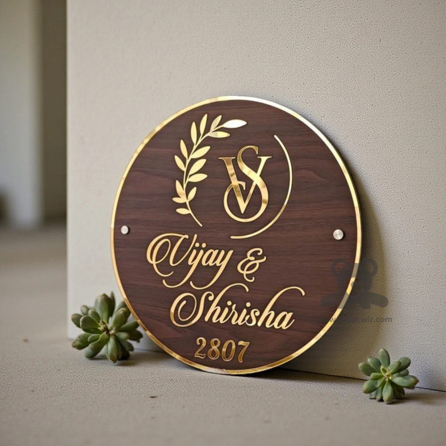 ShopTwiz Circle Wood Golden Border And Latter Name Plate for House and Office