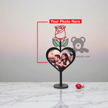 ShopTwiz Customized Heart Shaped Wooden Photo Frame With Rose Design- Romantic Corporate & Personal Gift