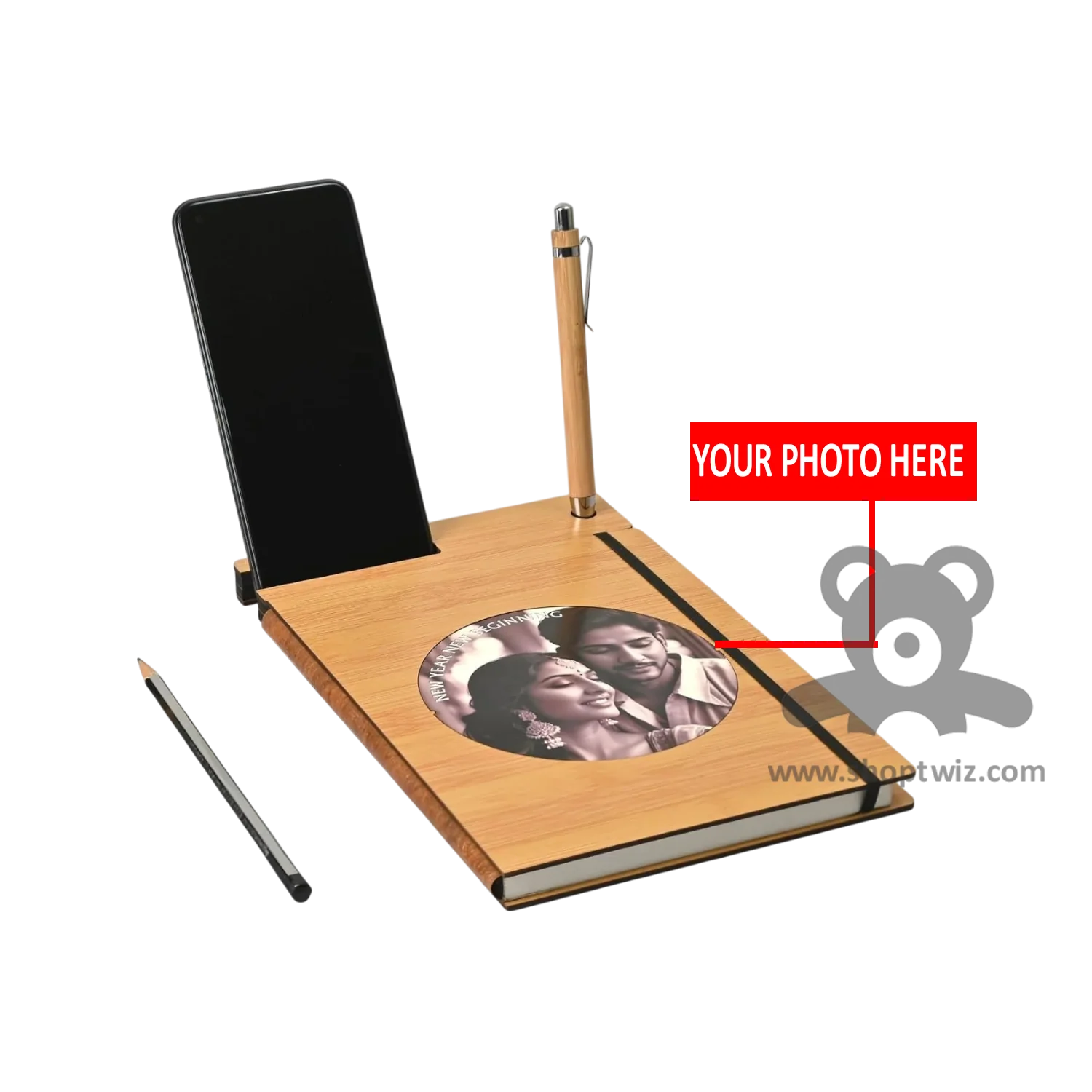ShopTwiz Customized Wooden Notebook With Mobile & Pen Holder-Premium Corporate Gift - Image 2
