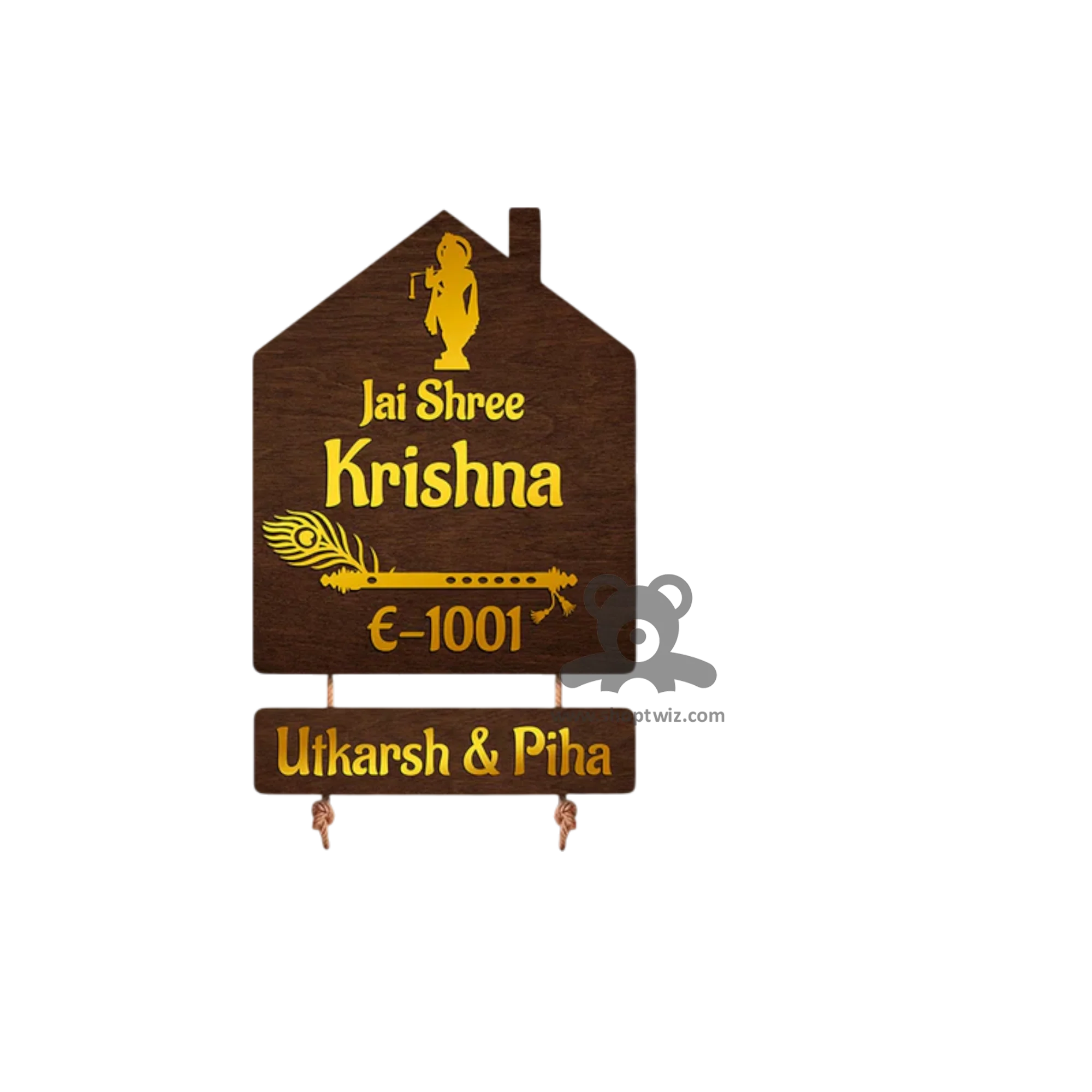 ShopTwiz House Wood Golden Krishna And Letter Name Plate for House and Office