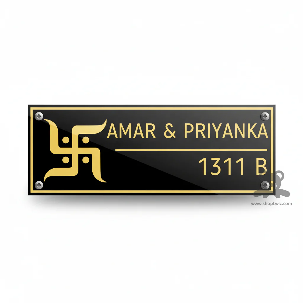 ShopTwiz Rectangle Acrylic Golden Letter Swastik Name Plate for House and Office - Image 2