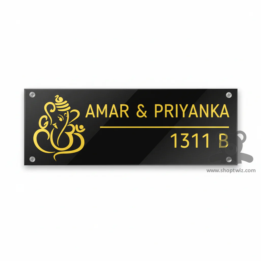 ShopTwiz Rectangle Black Acrylic And Golden Letter Ganesh Name Plate for House and Office - Image 2