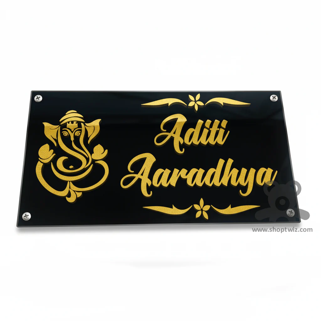 ShopTwiz Rectangle Black Acrylic Golden Ganesh And Letter Name Plate for House and Office - Image 2