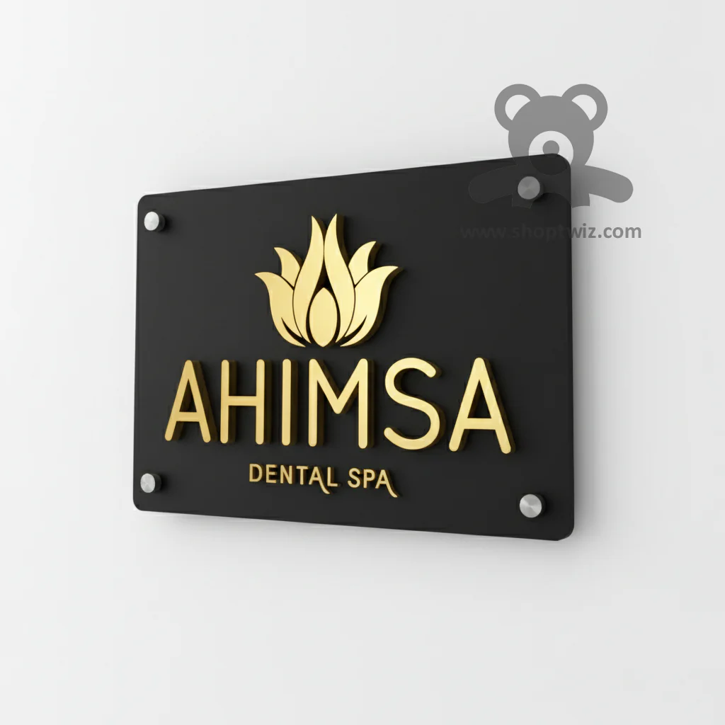 ShopTwiz Rectangle Black Acrylic Golden Letter Flower Design Name Plate for House and Office