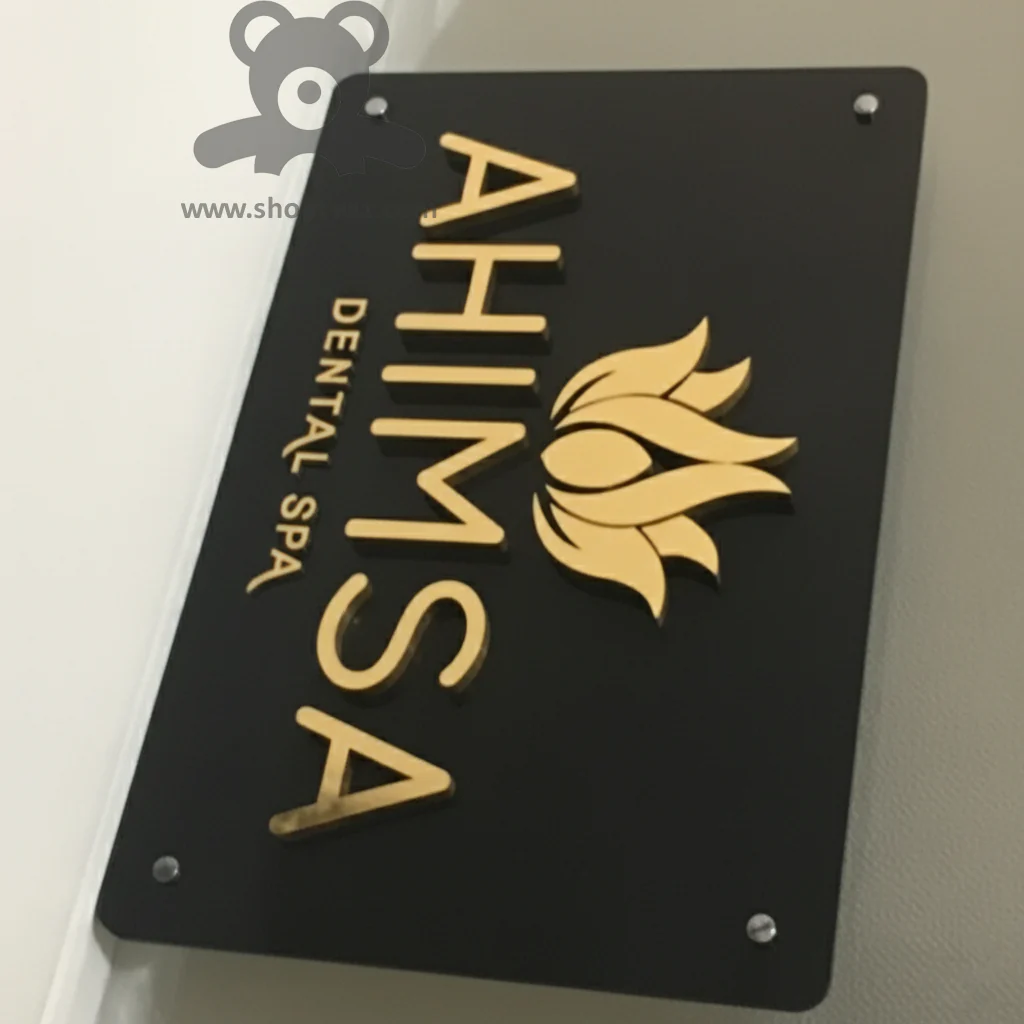 ShopTwiz Rectangle Black Acrylic Golden Letter Flower Design Name Plate for House and Office - Image 2