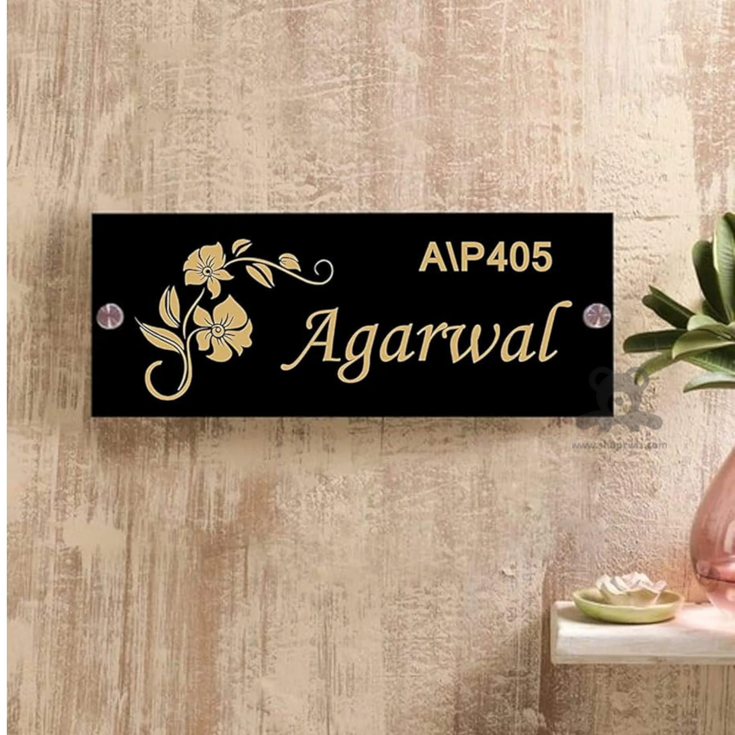 ShopTwiz Rectangle Black Acrylic Golden Letter Flower Name Plate for House and Office