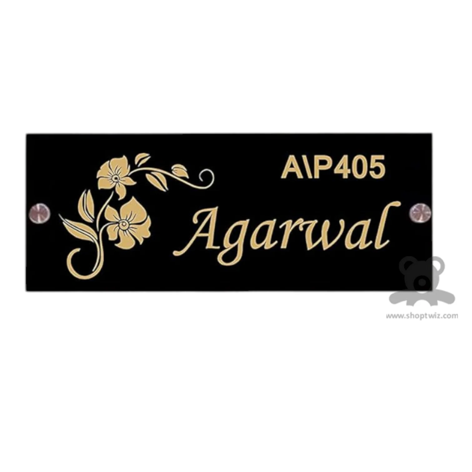 ShopTwiz Rectangle Black Acrylic Golden Letter Flower Name Plate for House and Office - Image 2