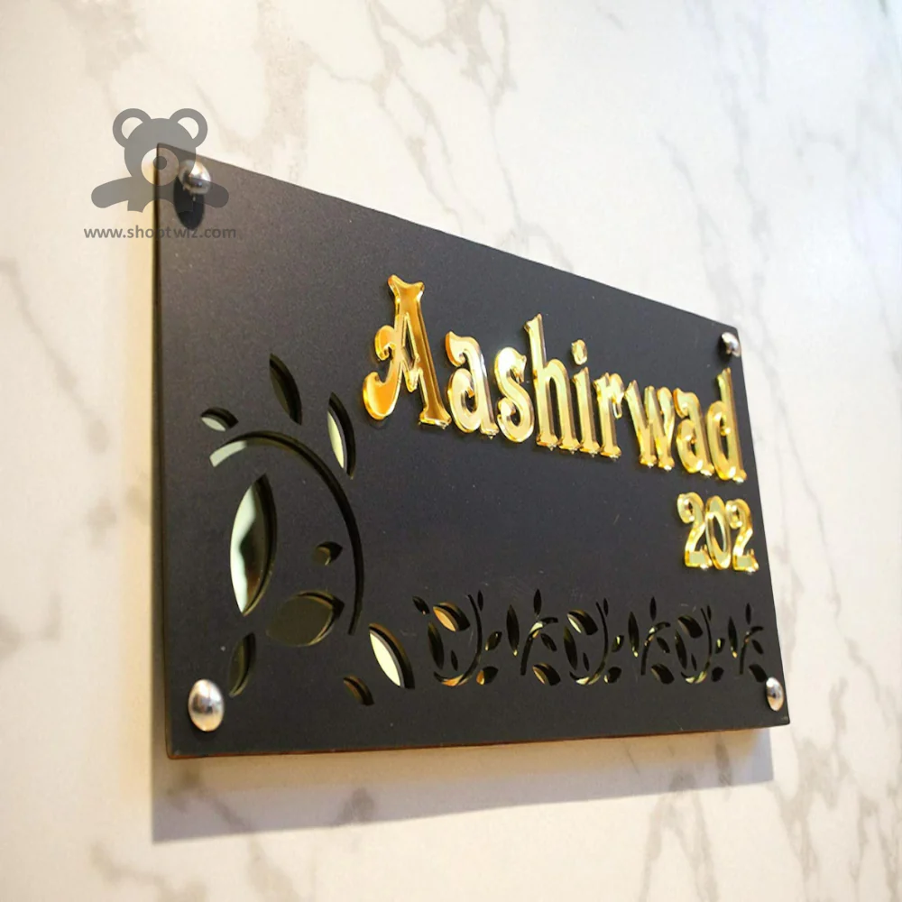 ShopTwiz Rectangle Black Acrylic Golden Letter Name Plate for House and Office