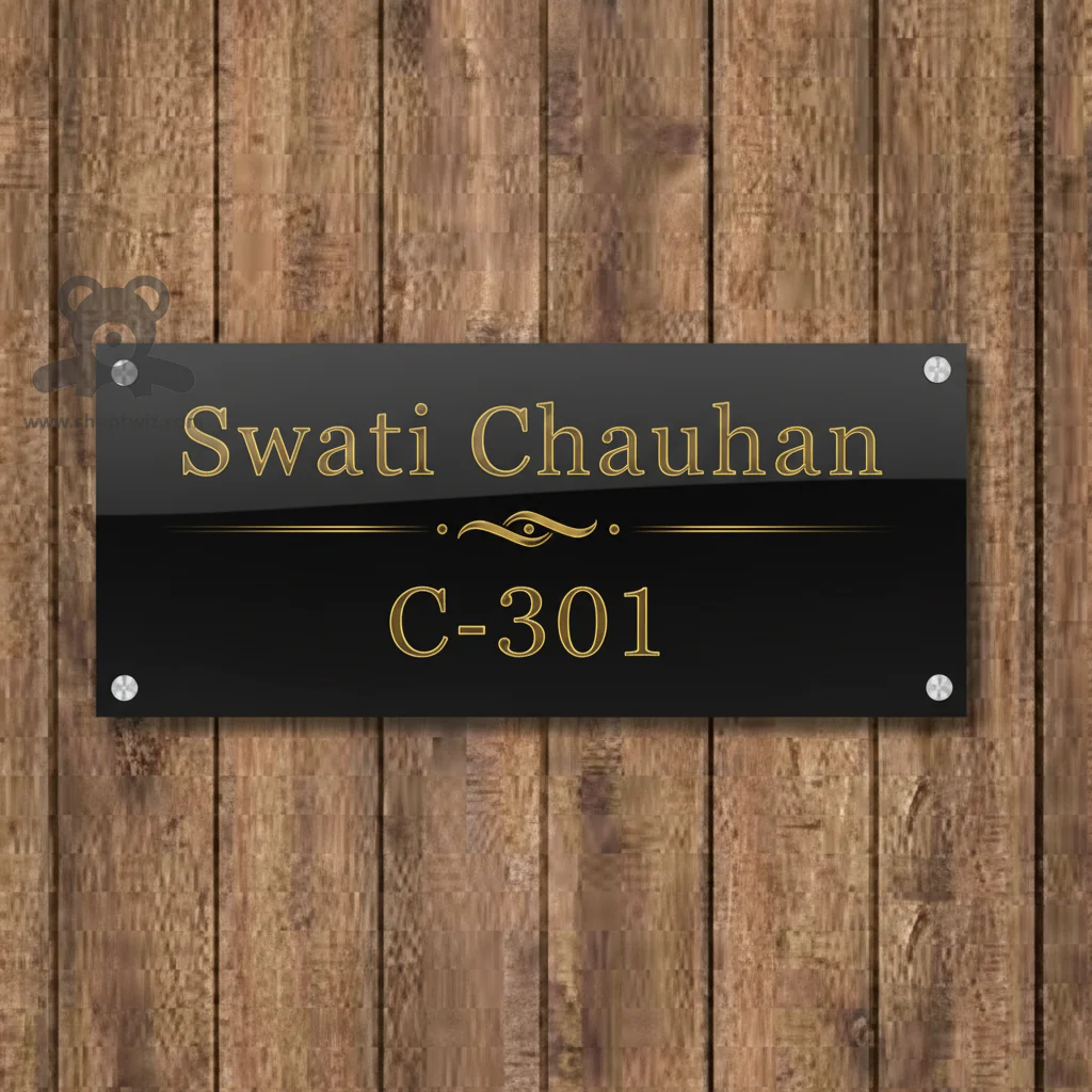 ShopTwiz Rectangle Black Acrylic Golden Letter Name Plate for House and Office