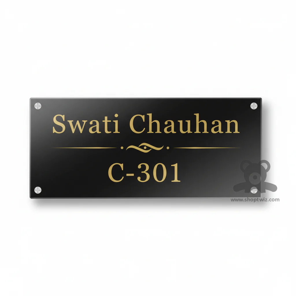 ShopTwiz Rectangle Black Acrylic Golden Letter Name Plate for House and Office - Image 2
