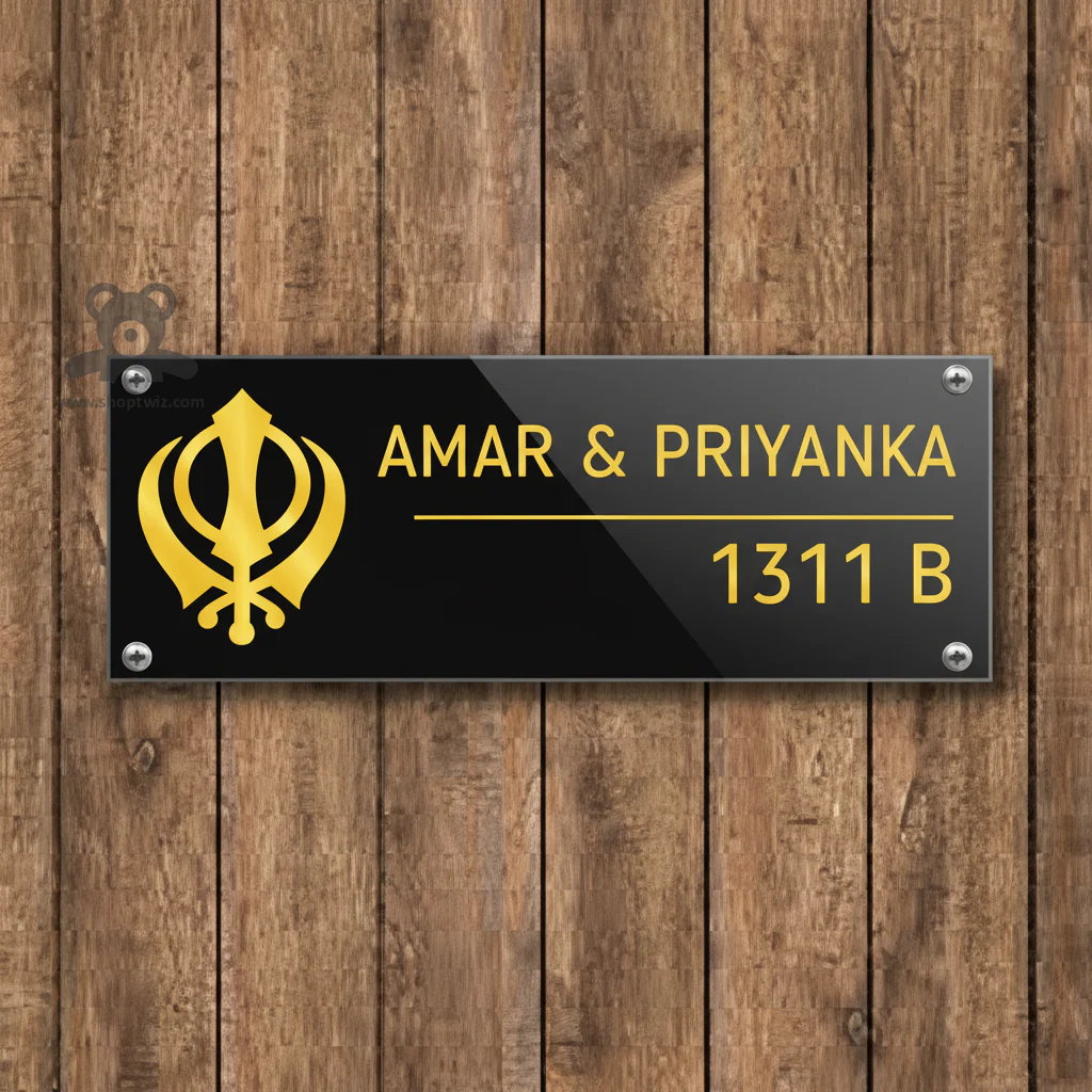 ShopTwiz Rectangle Black Acrylic Golden Letter Sikh Name Plate for House and Office