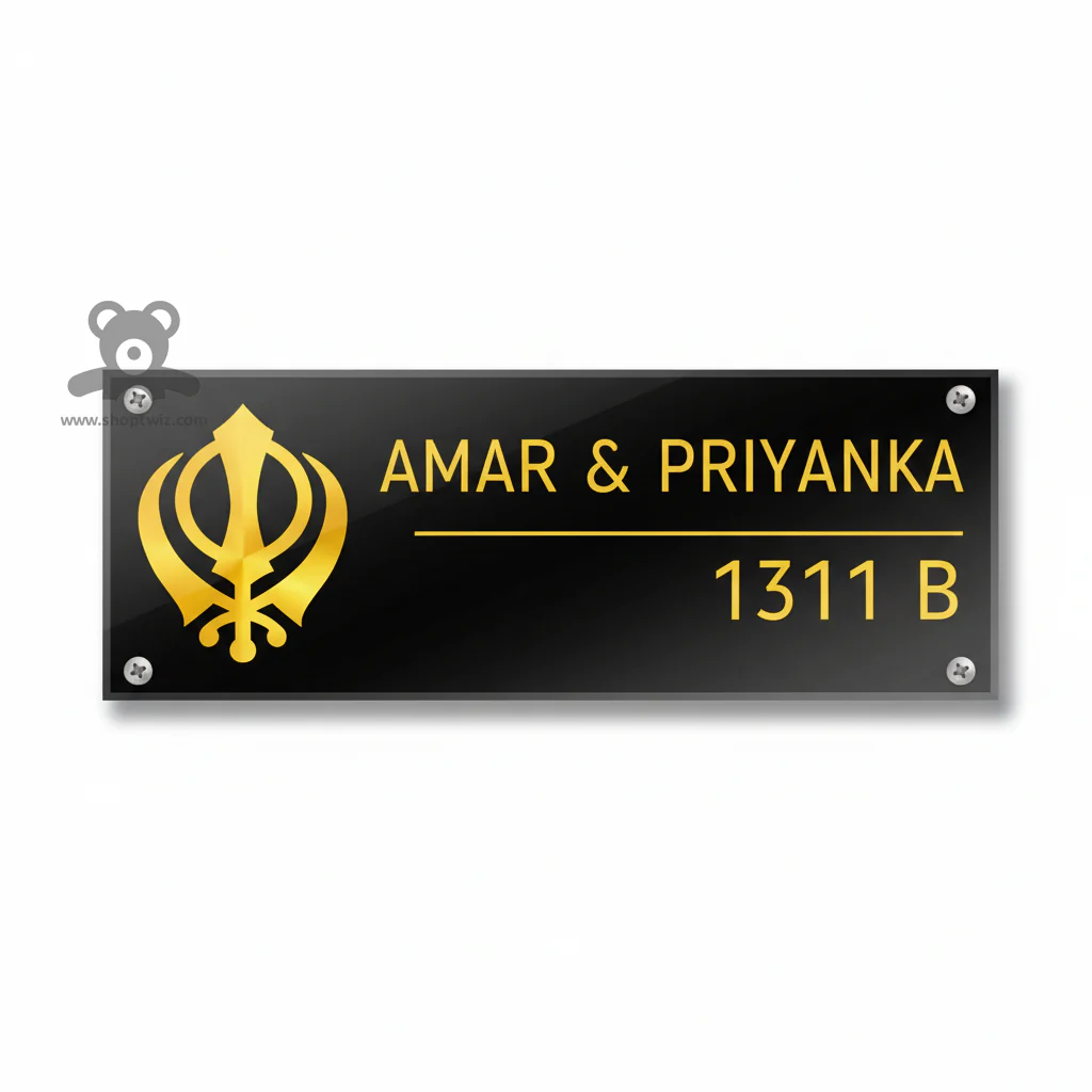 ShopTwiz Rectangle Black Acrylic Golden Letter Sikh Name Plate for House and Office - Image 2