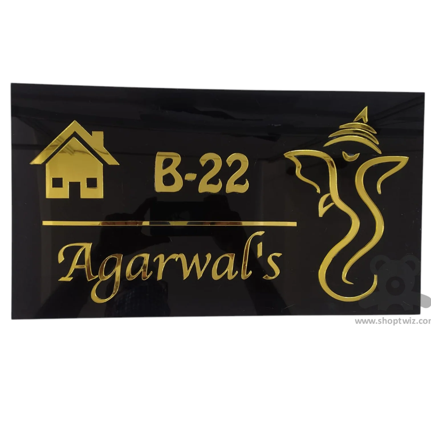 ShopTwiz Rectangle Black Acrylic Golden Letters Ganesha Name Plate for House and Office - Image 2
