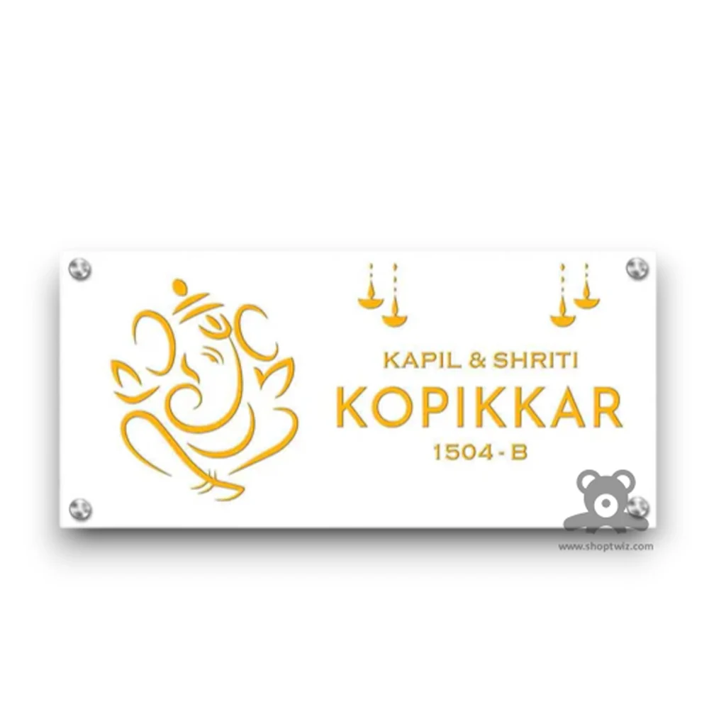 ShopTwiz Rectangle Black Golden And White Acrylic Ganesh Name Plate for House and Office - Image 2