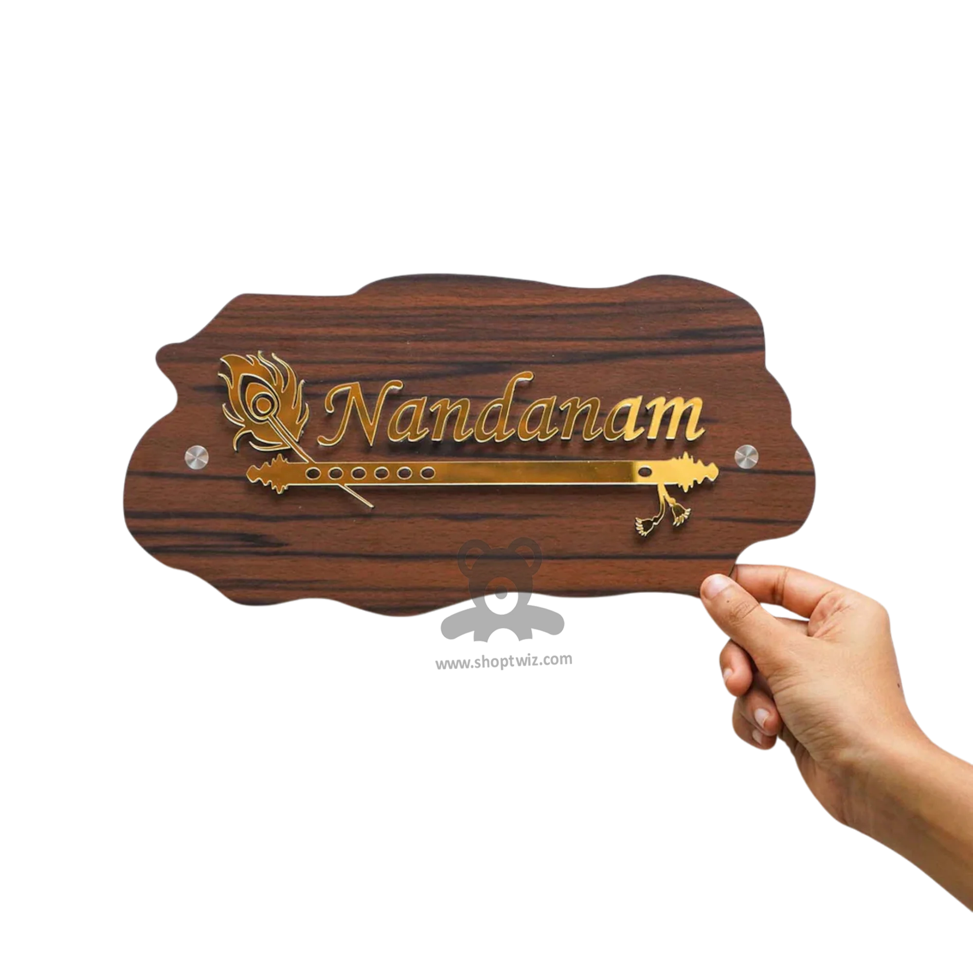 ShopTwiz Rectangle Design Wood Golden Basuri And Letter Name Plate for House and Office