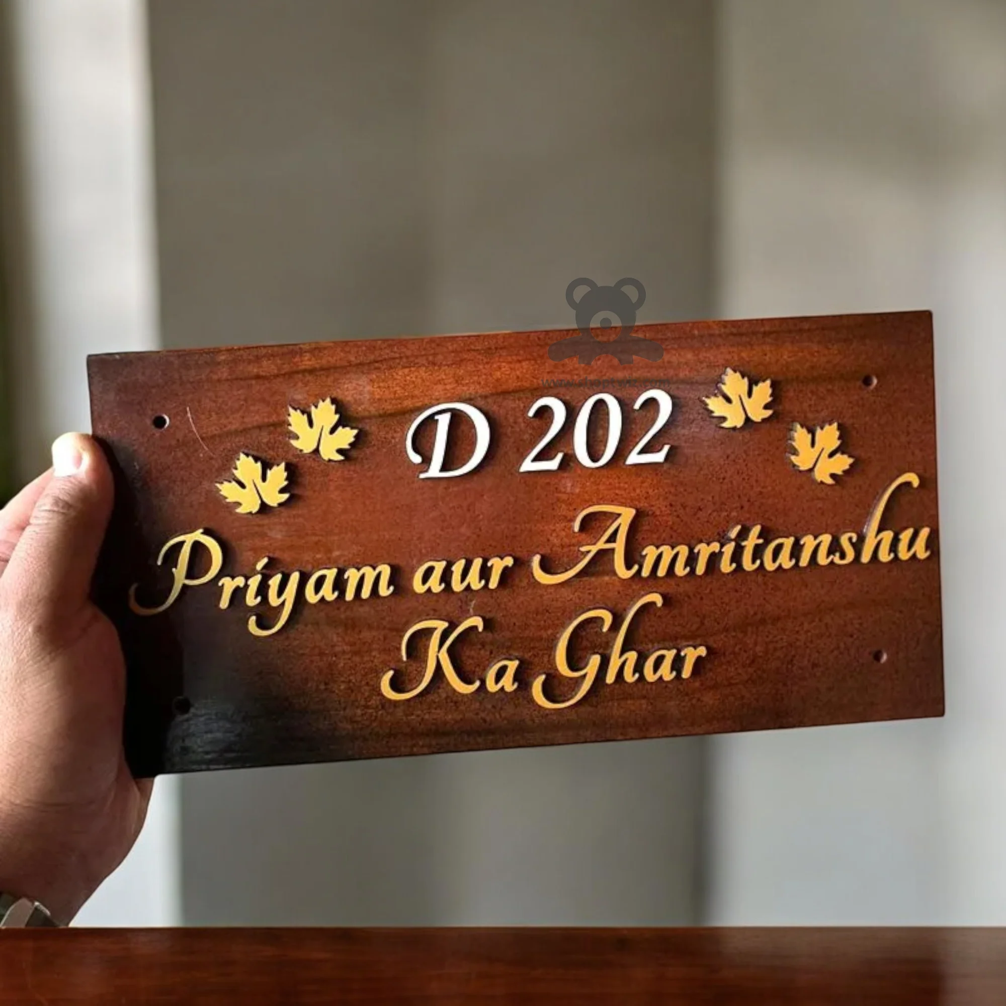 ShopTwiz Rectangle Simple Wood Golden Design with Letter Name Plate for House and Office