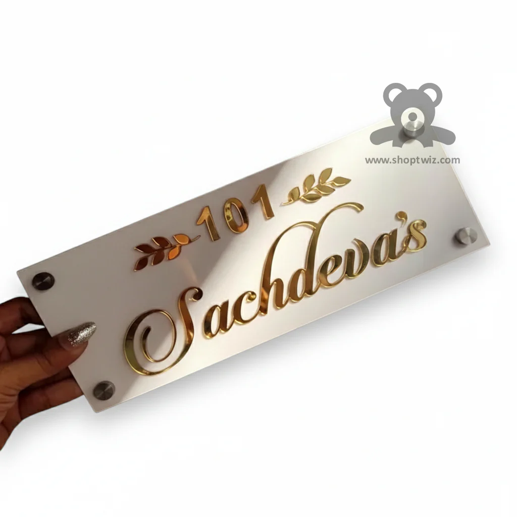 ShopTwiz Rectangle White Acrylic Golden Letter Name Plate for House and Office - Image 2