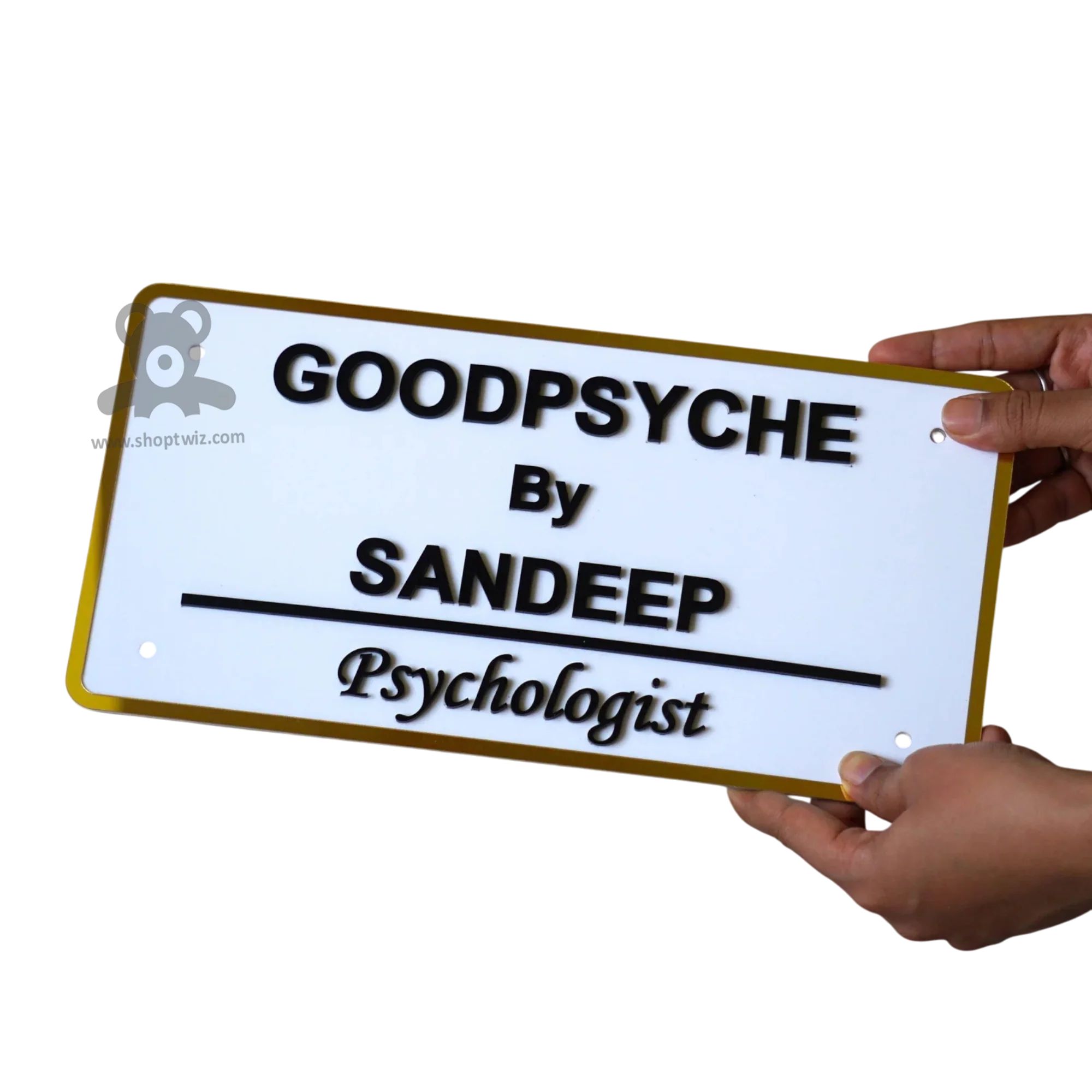 ShopTwiz Rectangle White And Golden Border Black Letter Name Plate for House and Office - Image 2