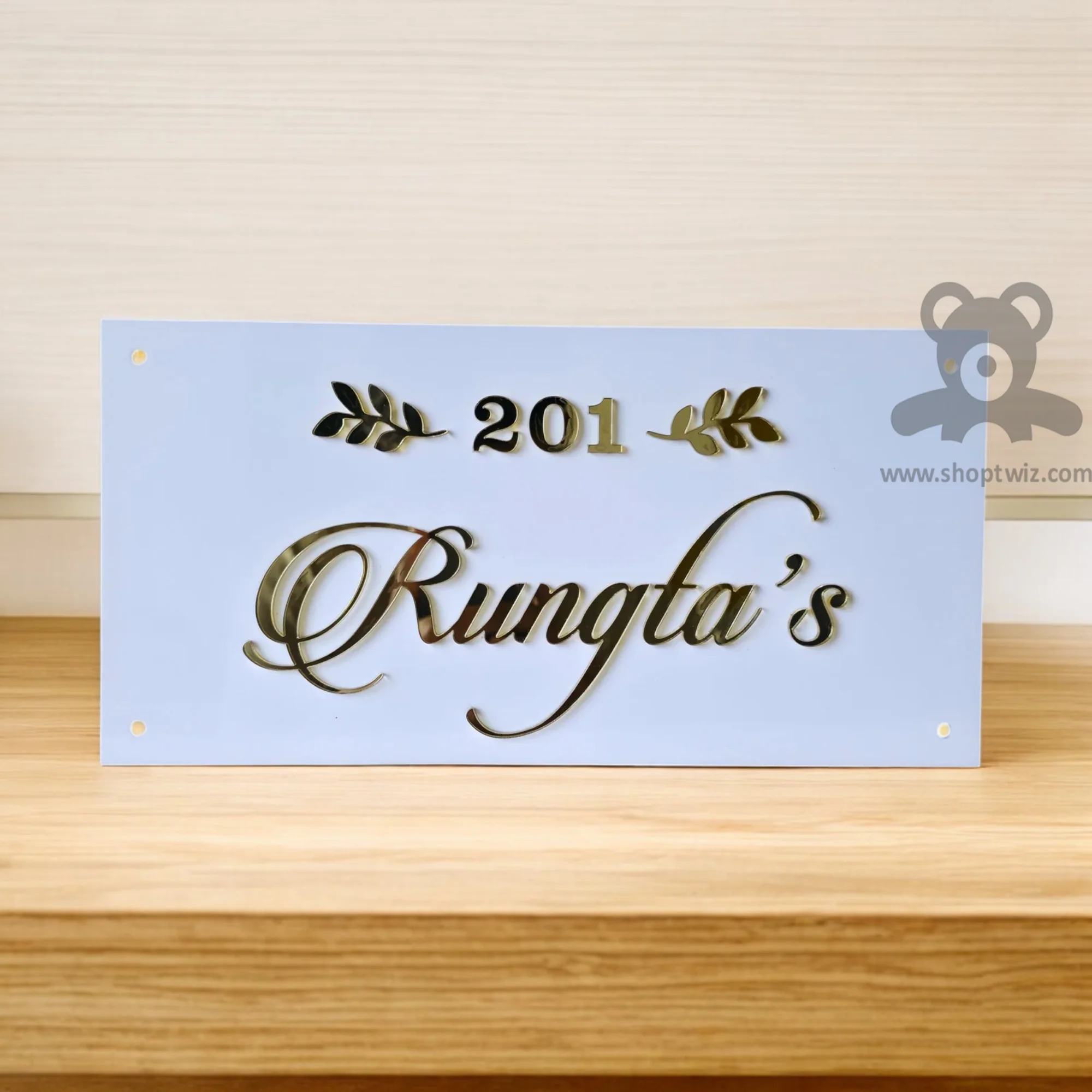 ShopTwiz Rectangle White Golden Design Letter Name Plate for House and Office