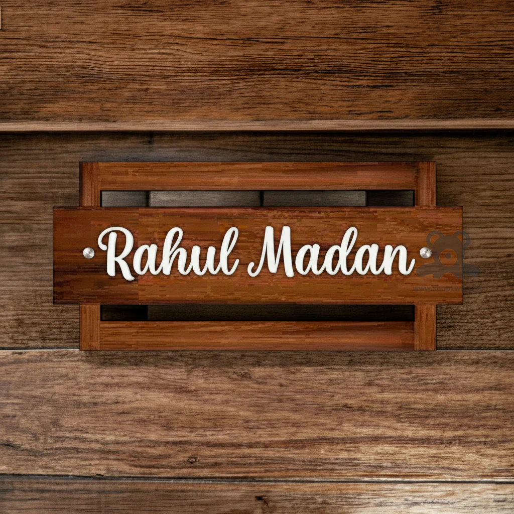 ShopTwiz Rectangle Wood Design with White Letter Name Plate for House and Office