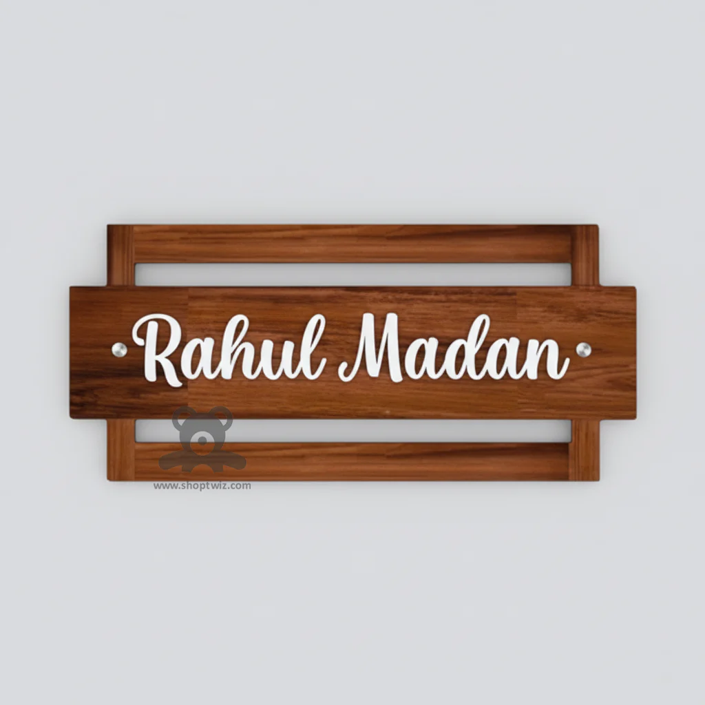 ShopTwiz Rectangle Wood Design with White Letter Name Plate for House and Office - Image 2