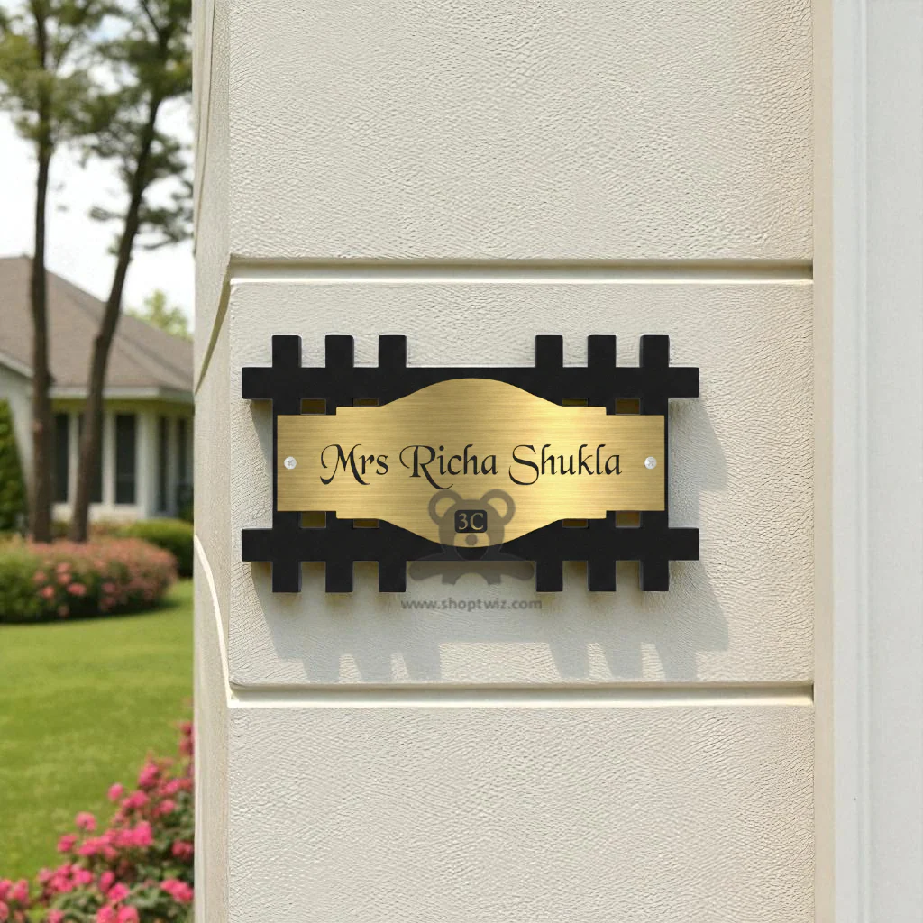 ShopTwiz Rectangle Wood Golden Acrylic Plate Black Letter Name Plate for House and Office