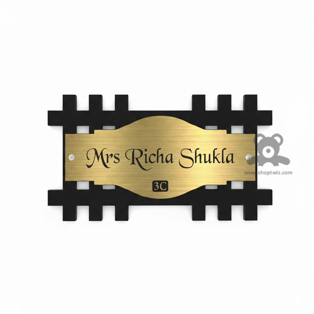 ShopTwiz Rectangle Wood Golden Acrylic Plate Black Letter Name Plate for House and Office - Image 2