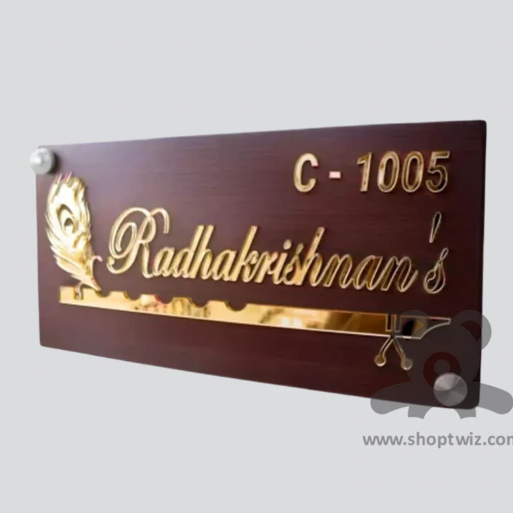ShopTwiz Rectangle Wood Golden Basuri and Letter Name Plate for House and Office - Image 2