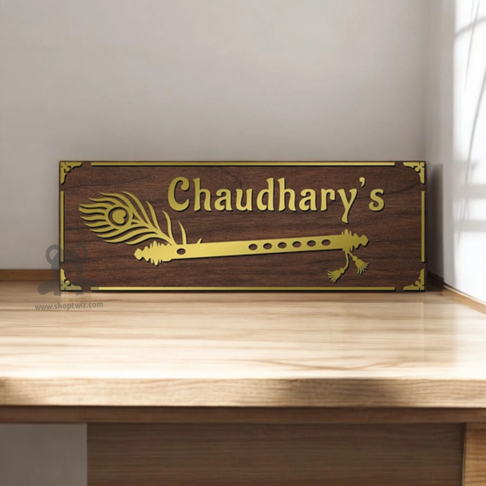 ShopTwiz Rectangle Wood Golden Letter And Design Basuri Name Plate for House and Office