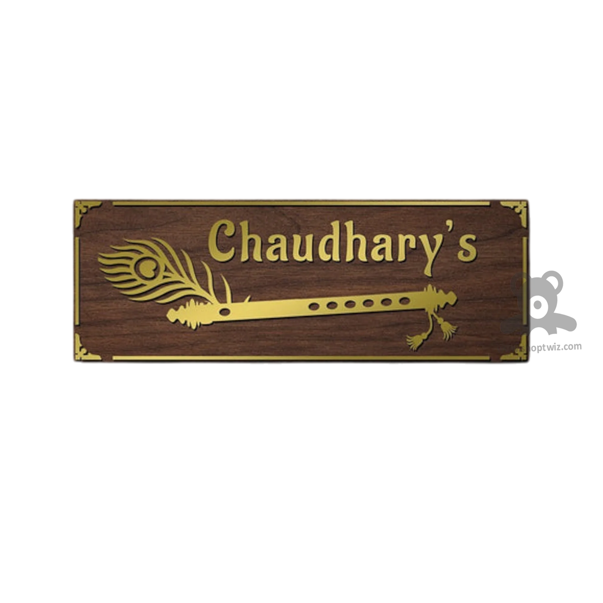 ShopTwiz Rectangle Wood Golden Letter And Design Basuri Name Plate for House and Office - Image 2