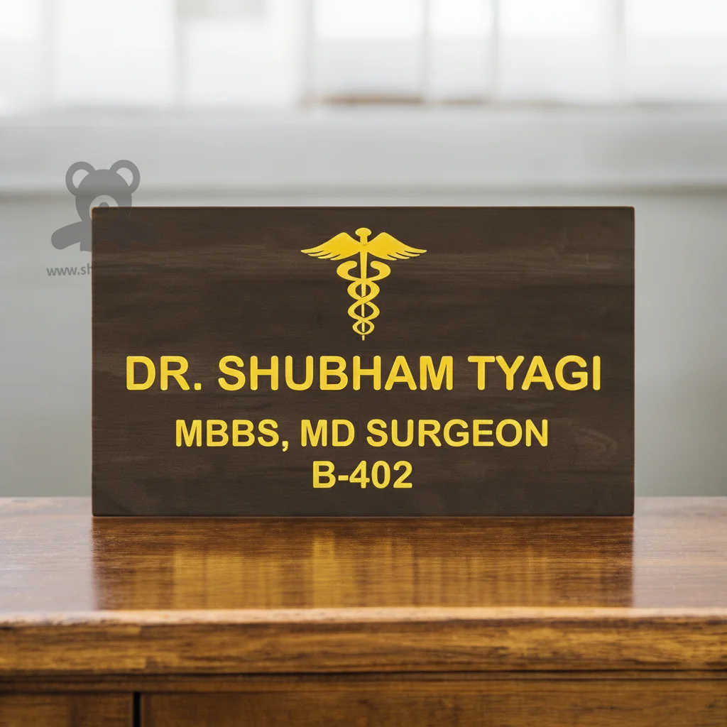 ShopTwiz Rectangle Wood Golden Letter And Design Name Plate for House and Office