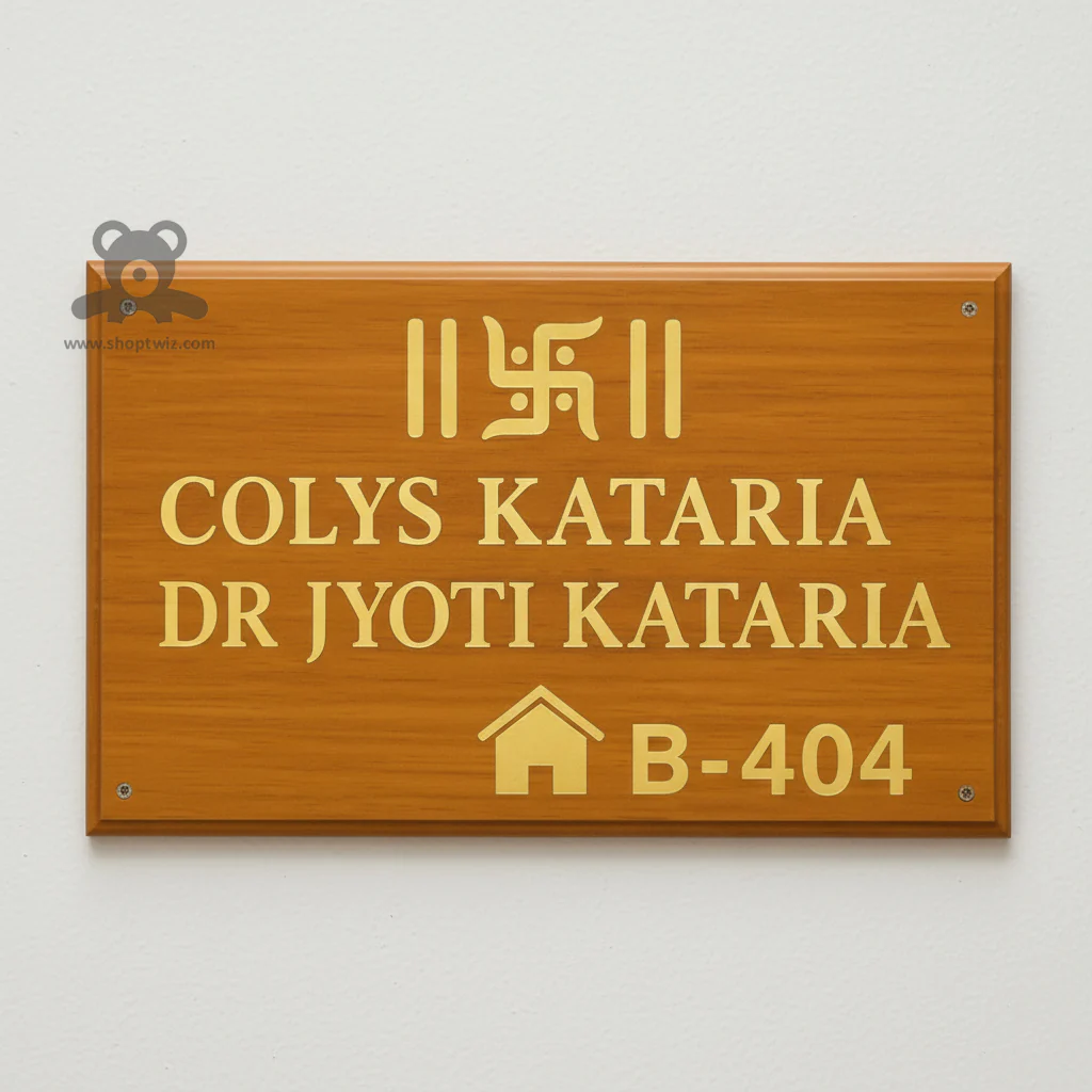 ShopTwiz Rectangle Wood Golden Letter and Swastik Name Plate for House and Office - Image 2