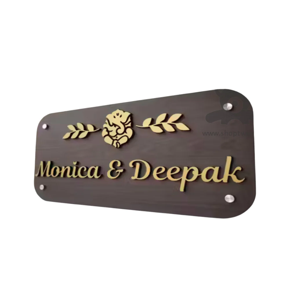 ShopTwiz Rectangle Wood Golden Letter Ganesh Name Plate for House and Office - Image 2