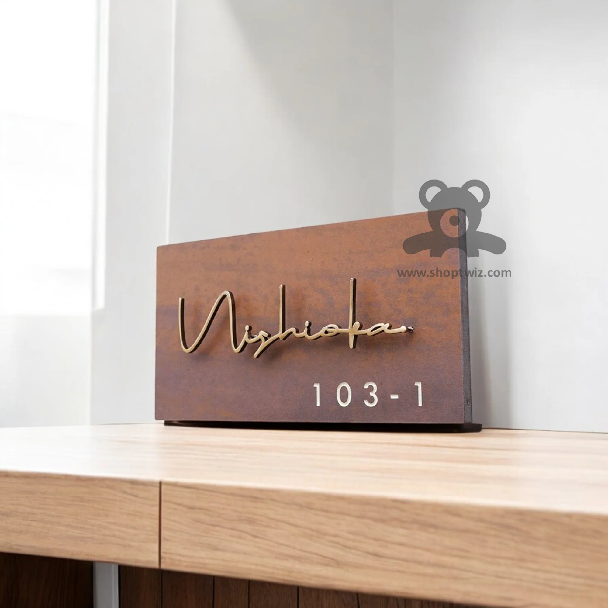 ShopTwiz Rectangle Wood Golden Letter Name Plate for House and Office