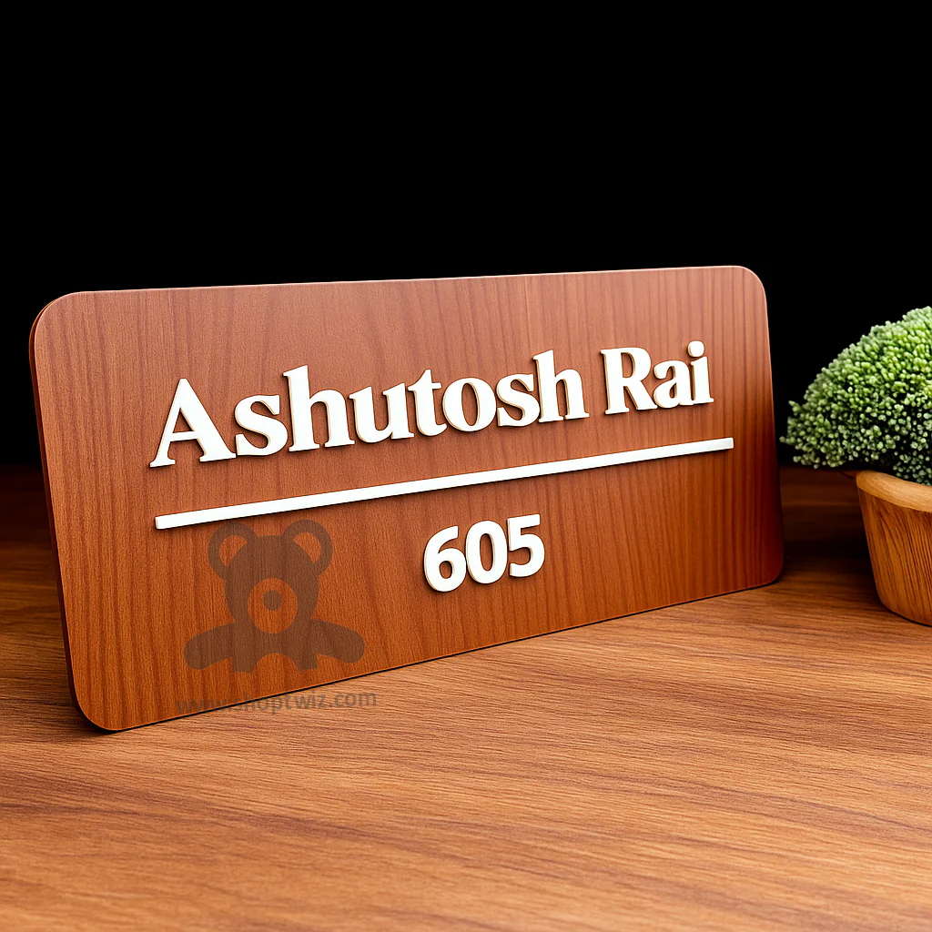 ShopTwiz Rectangle Wood texture with White Letter Name Plate for House and Office