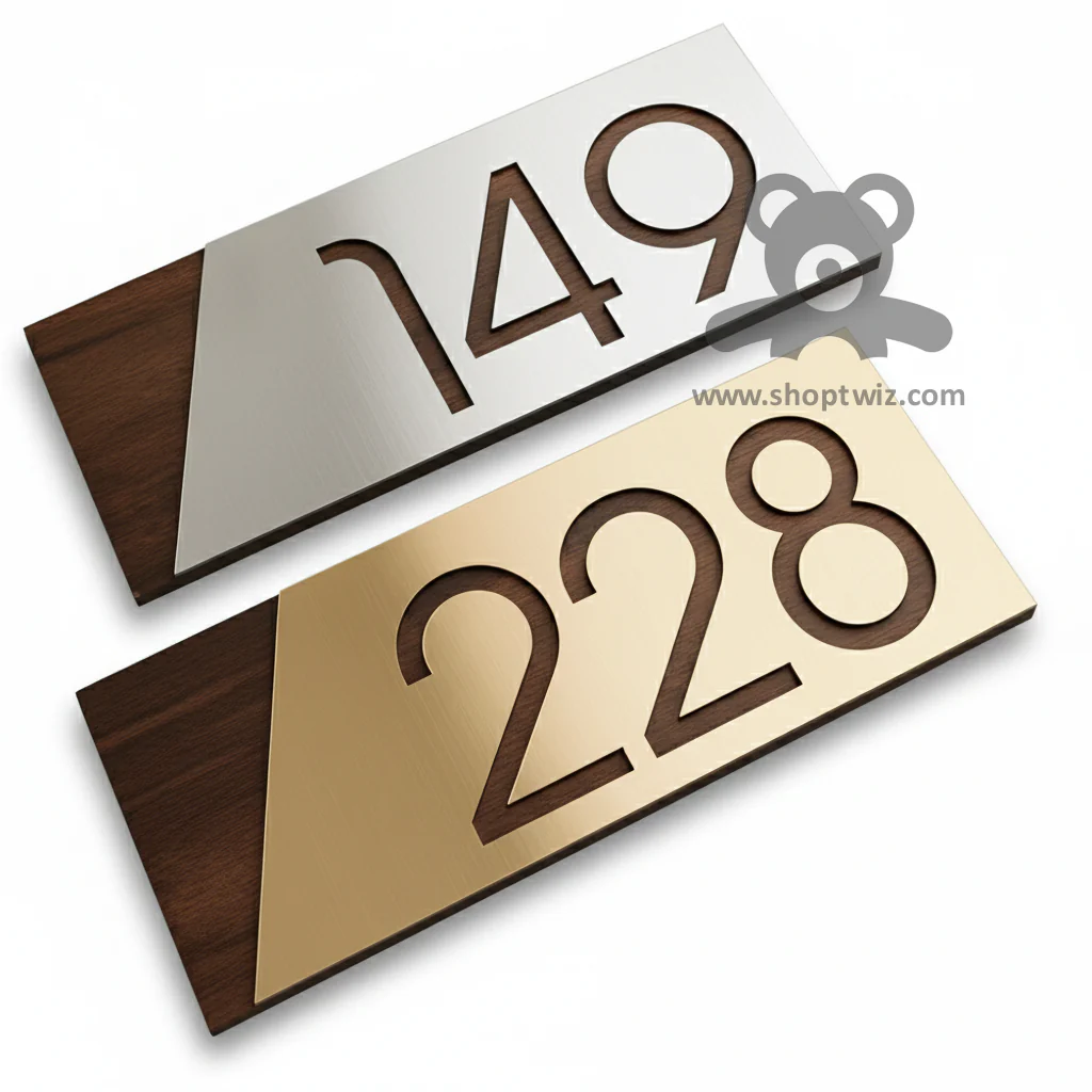 ShopTwiz Rectangle Wood White And Golden Acrylic Name Plate for House and Office - Image 2