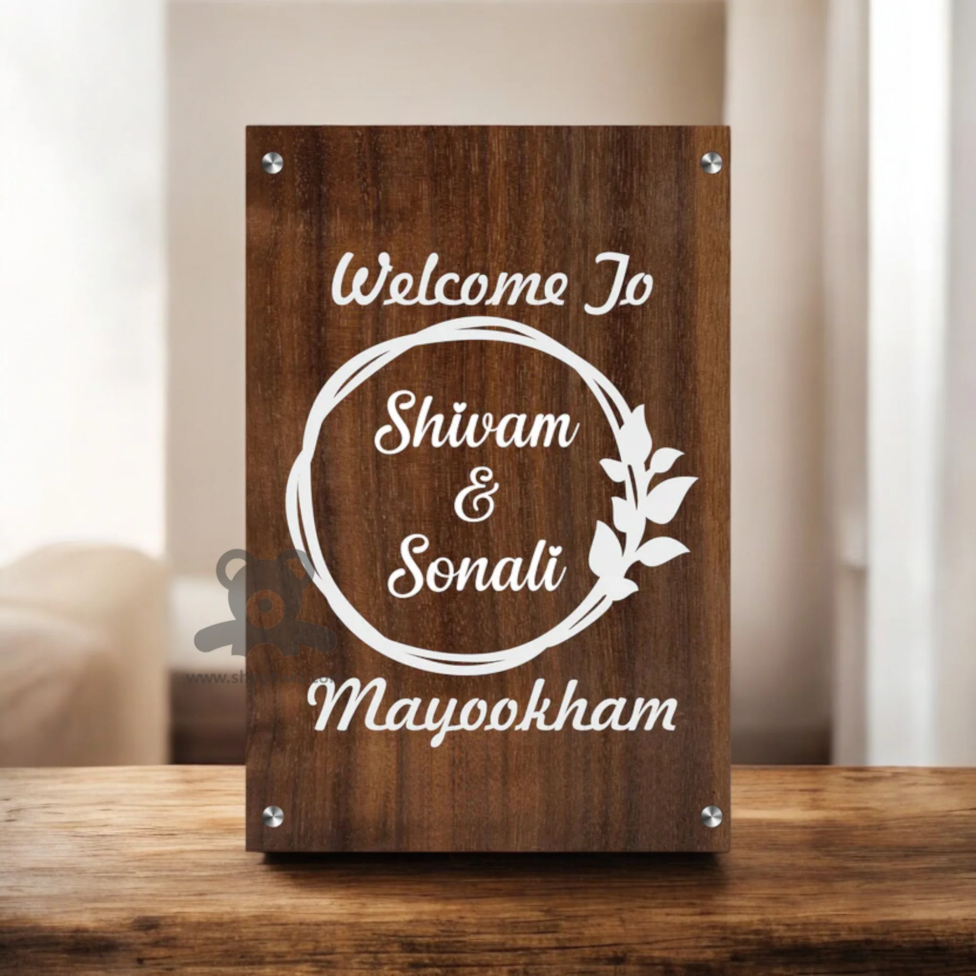 ShopTwiz Rectangle Wood White Letter and Design Name Plate for House and Office