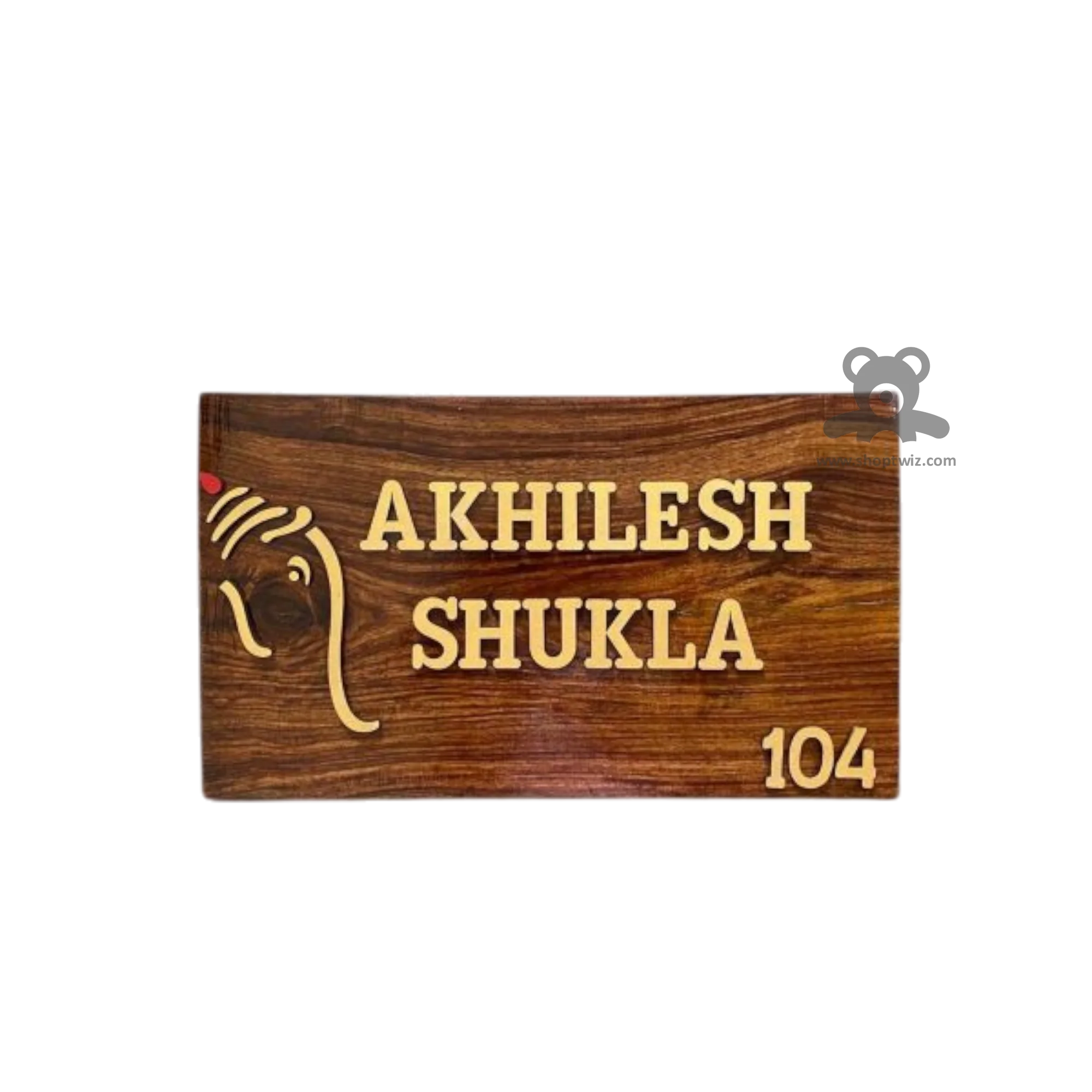 ShopTwiz Simple Rectangle Wood Golden Ganesh with Letter Name Plate for House and Office