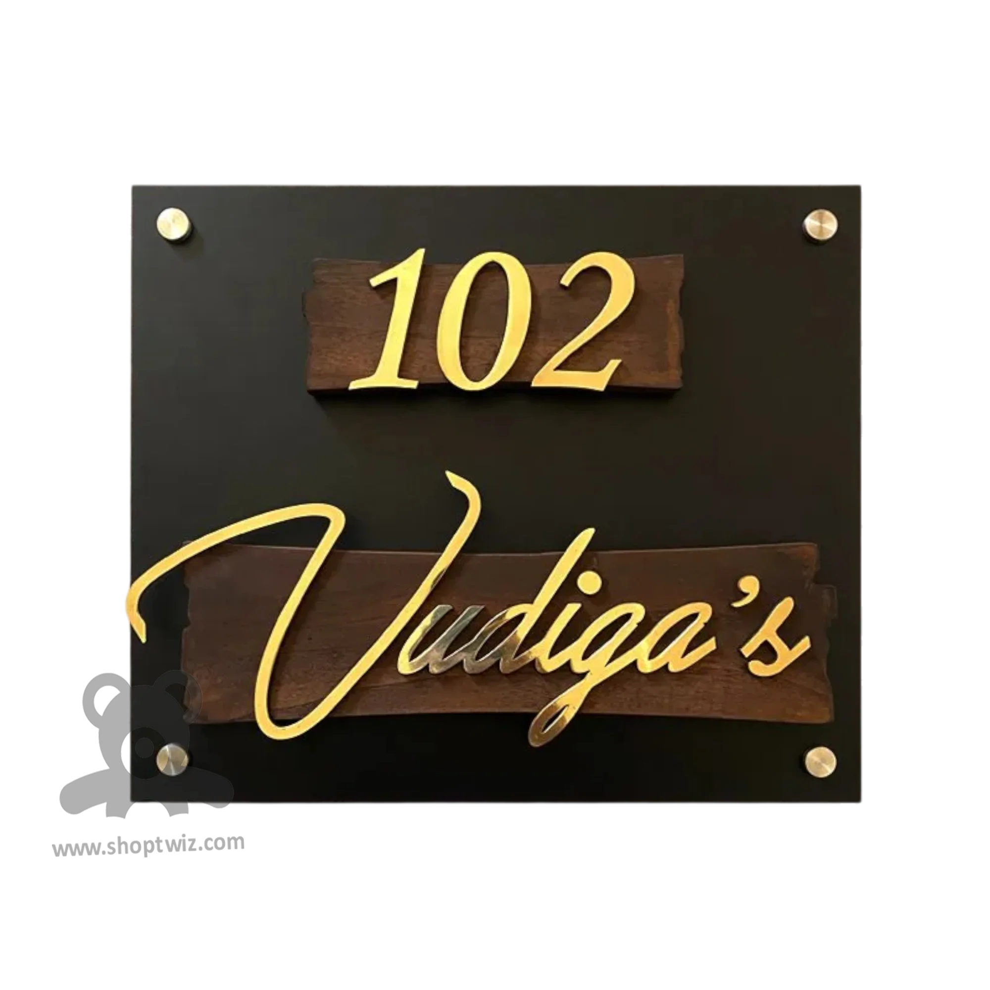 ShopTwiz Square Black Acrylic And Wood Golden Letter Name Plate for House and Office - Image 2