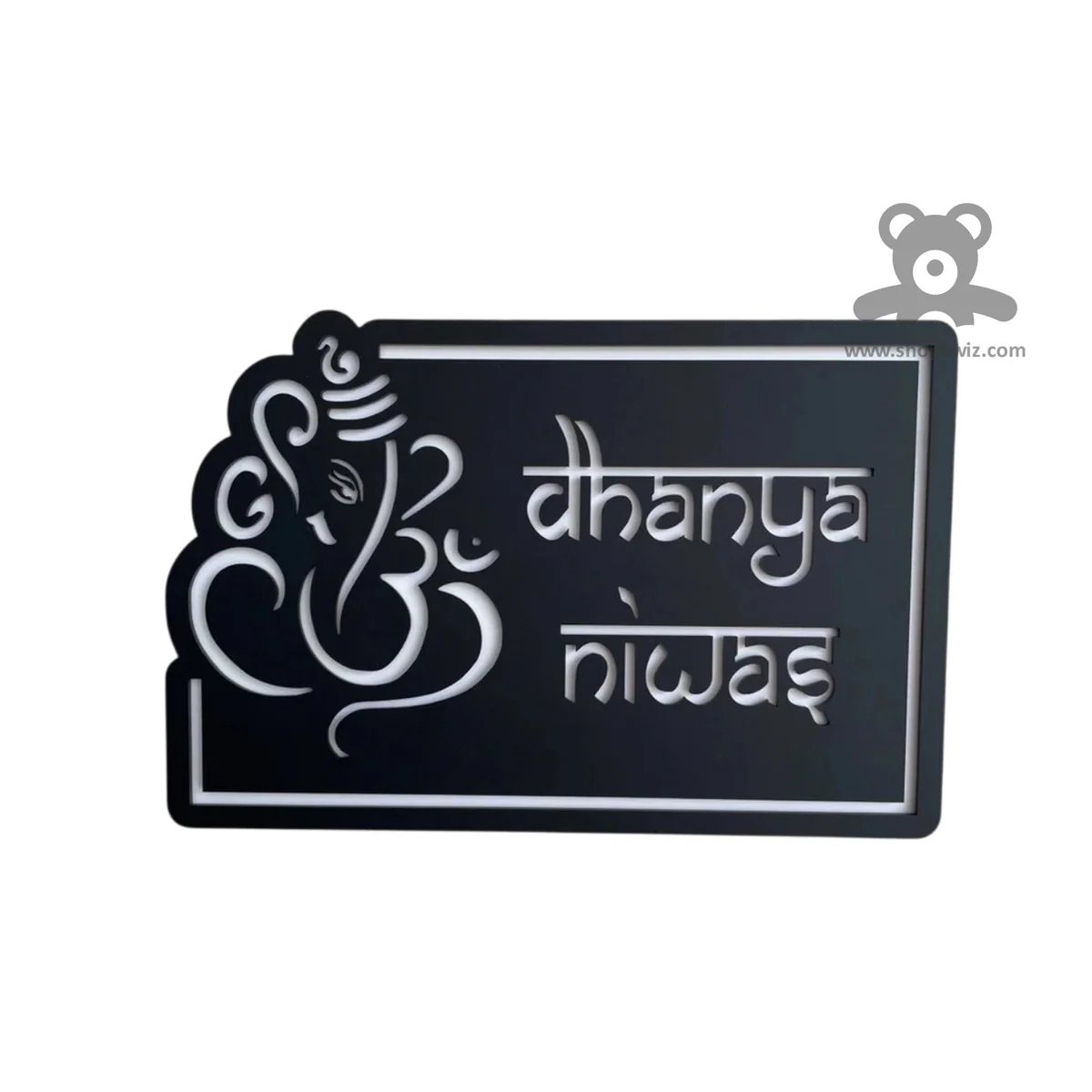 ShopTwiz Square Black Acrylic White Letter Ganesh Name Plate for House and Office - Image 2