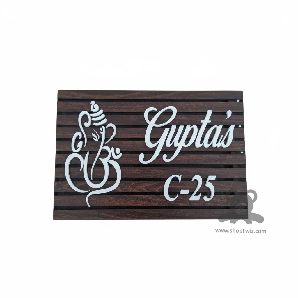 ShopTwiz Square Wood White Letter Ganesh Ji Name Plate for House and Office - Image 2