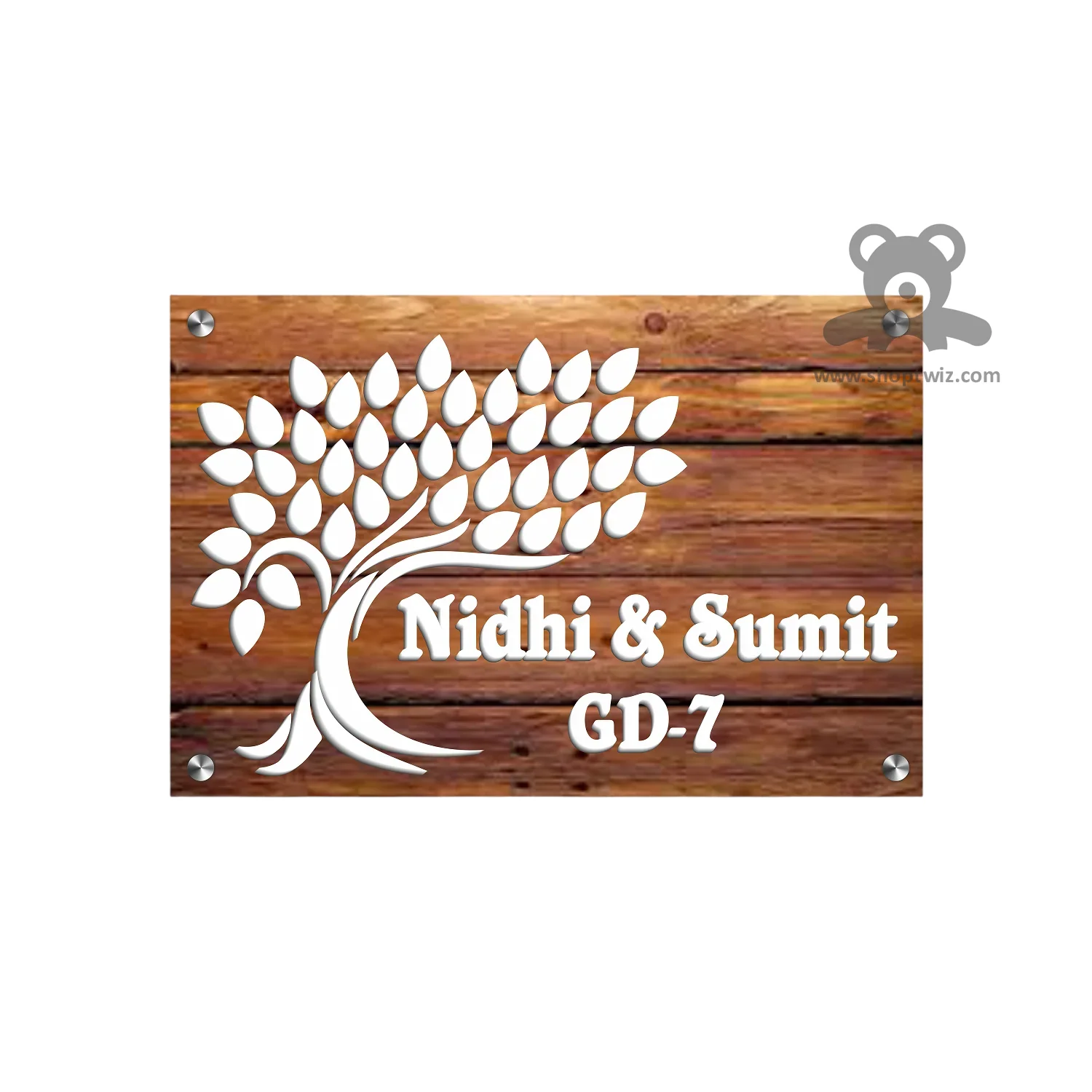ShopTwiz Square Wood White Tree And Letter Name Plate for House and Office - Image 2