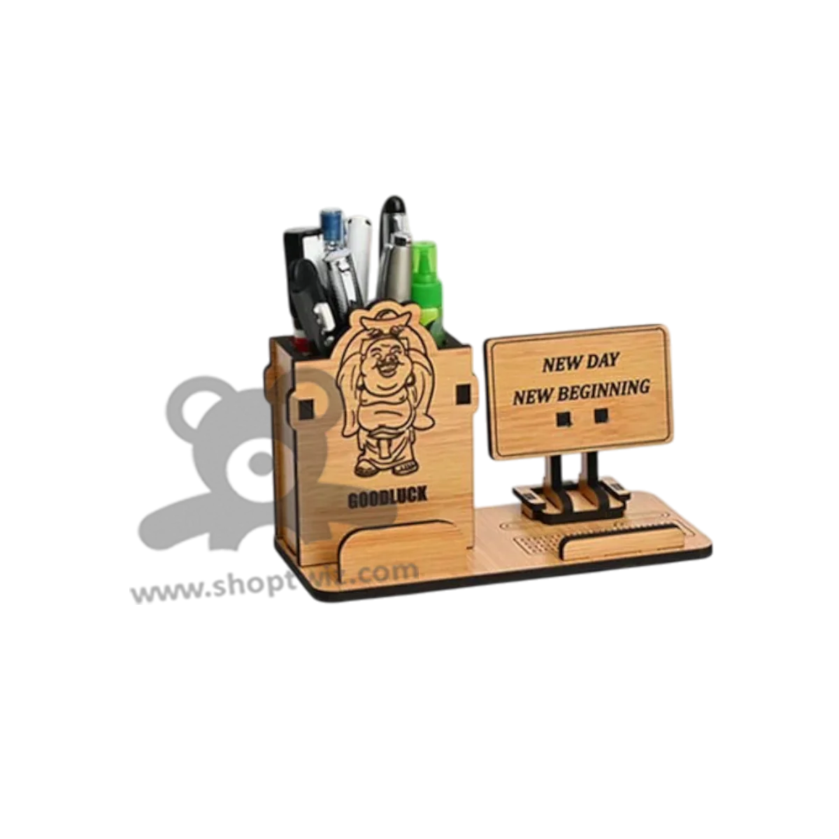 ShopTwiz Wooden Desk Organizer With Pen Holder & Motivational Message - Goodluck Corporate Gift - Image 2