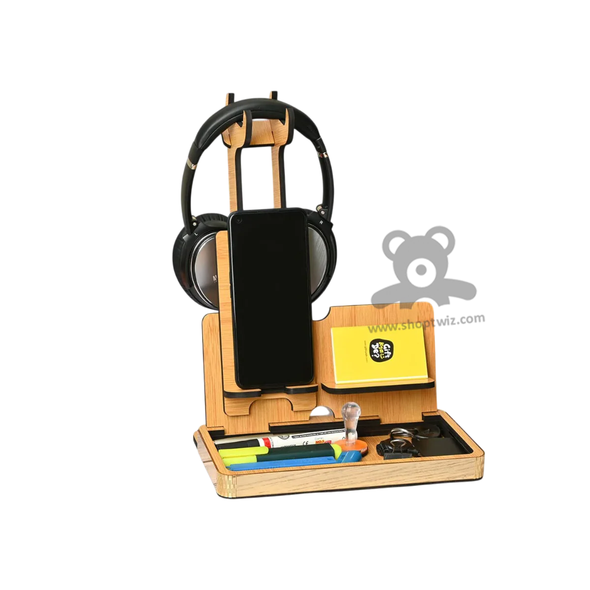 ShopTwiz Wooden Multi- Functional Desk Organizer With Mobile & Headphone Stand Corporate Gift - Image 2
