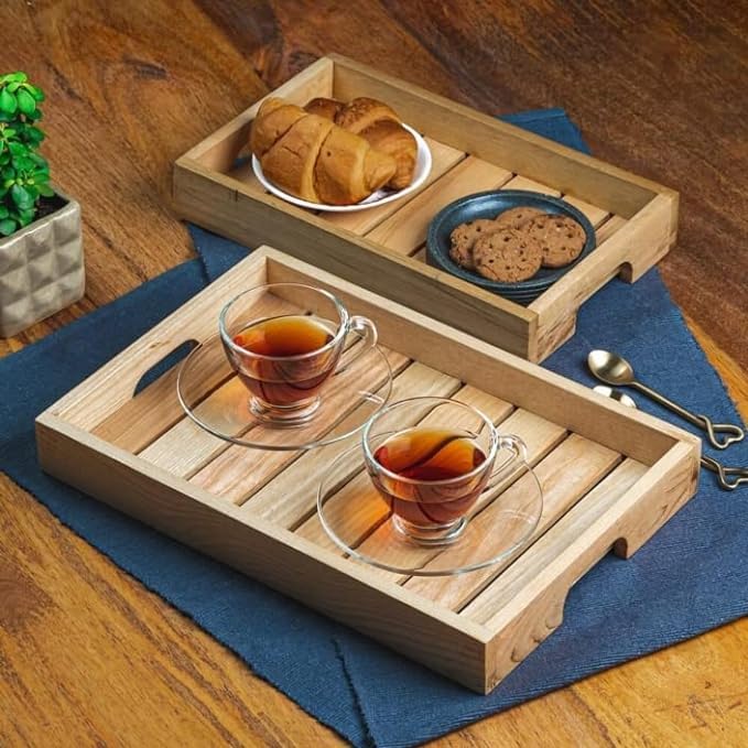 ShopTwiz Wooden Serving Tray Set of 2 Large Serving Tray with Handles Pine Wood Tray Multipurpose Serving Tray Food Tray Wooden Tray Large Tray & Medium Tray for Coffee(38L x 25W x 3H Centimeters) - Image 3