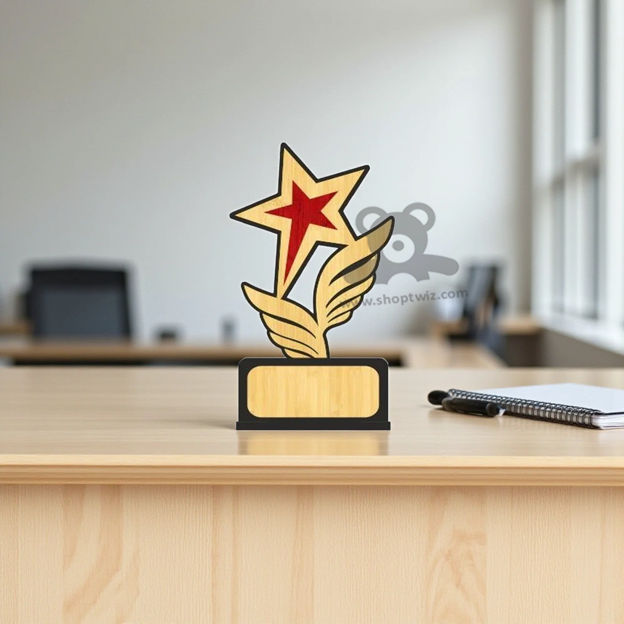 ShopTwiz Wooden Star Trophy With Wing Design - Premium Corporate Award & Gift